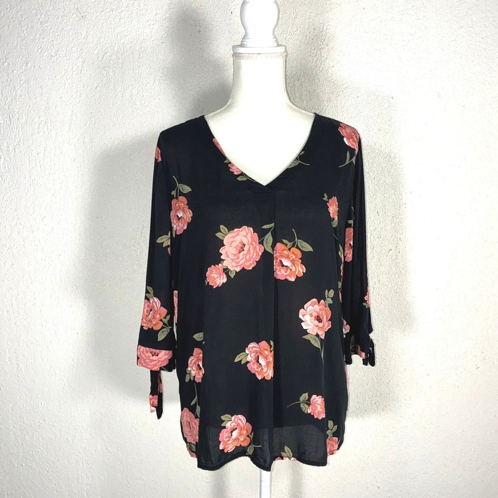 Brina & Em Women Black Floral V-Neck 3/4 Tie Sleeve Rayon Blouse Top Medium